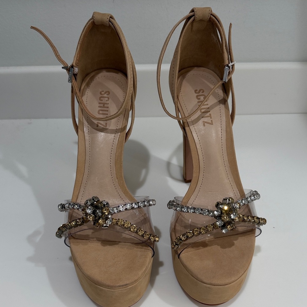 SCHUTZ Tan Heels with Gold and Silver Embellishments